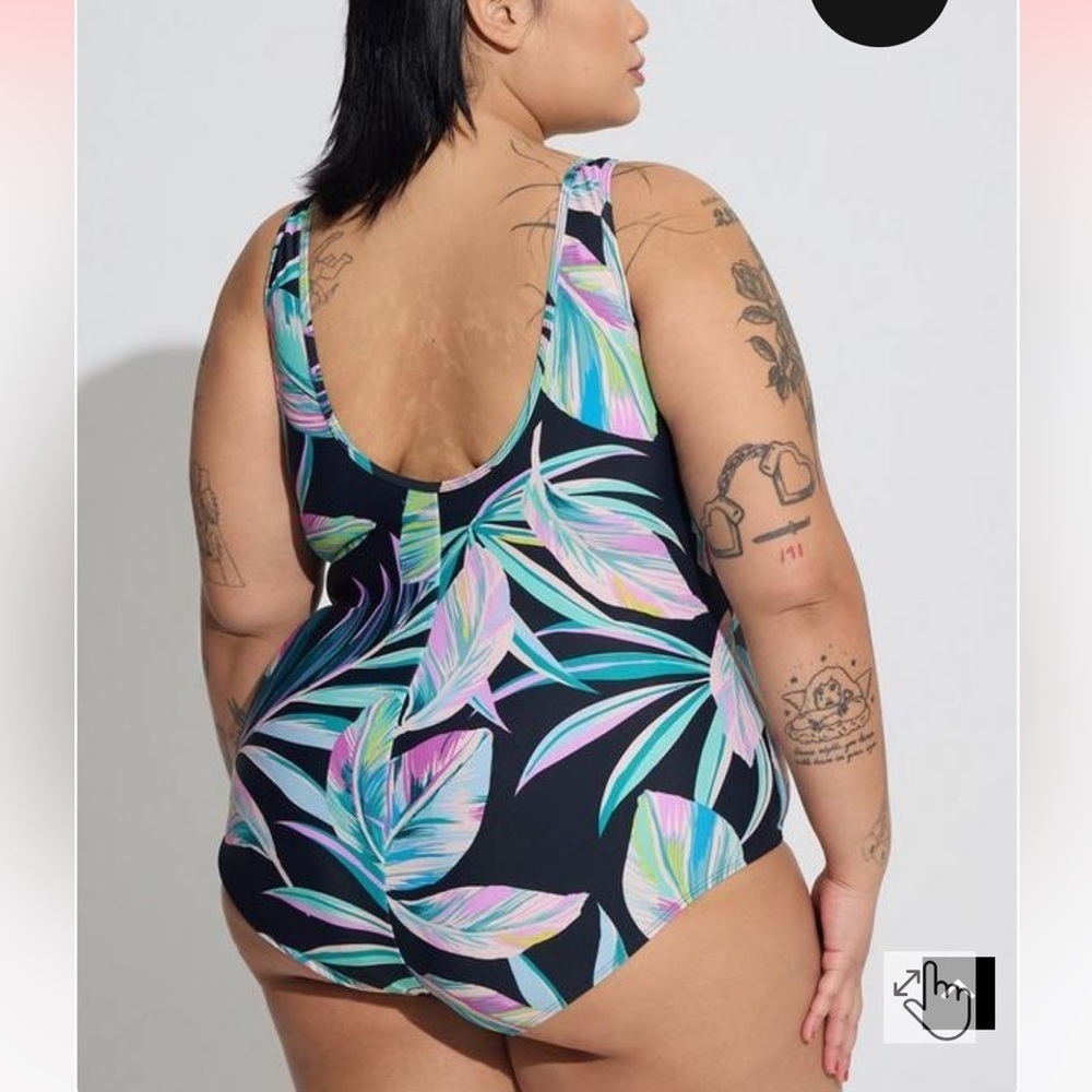 Torrid Wireless Mesh High Neck One Piece Swimsuit Pretty Summer Leaves Black NEW - Picture 3 of 7